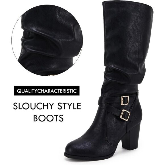 Women Black 1 Mid Knee High Boots Chunky Heel Slouchy Metal Buckle Winter Shoes - Picture 4 of 7